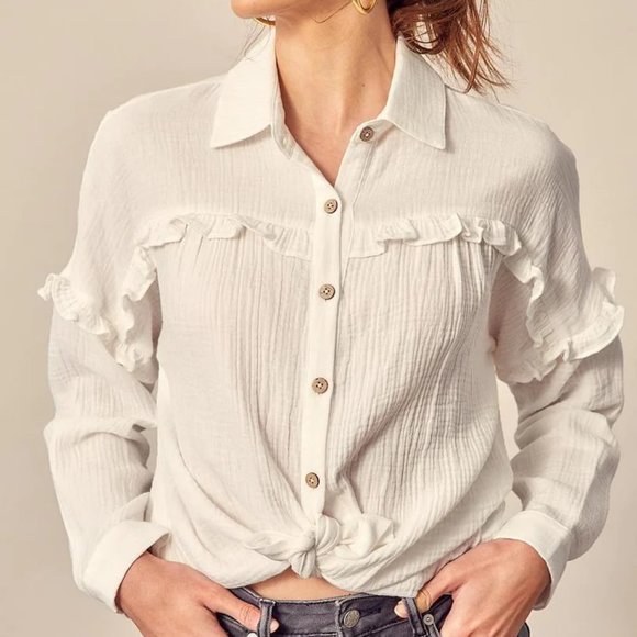 Miou Muse Tops - Women's White Button Down Shirt with Ruffle Detail